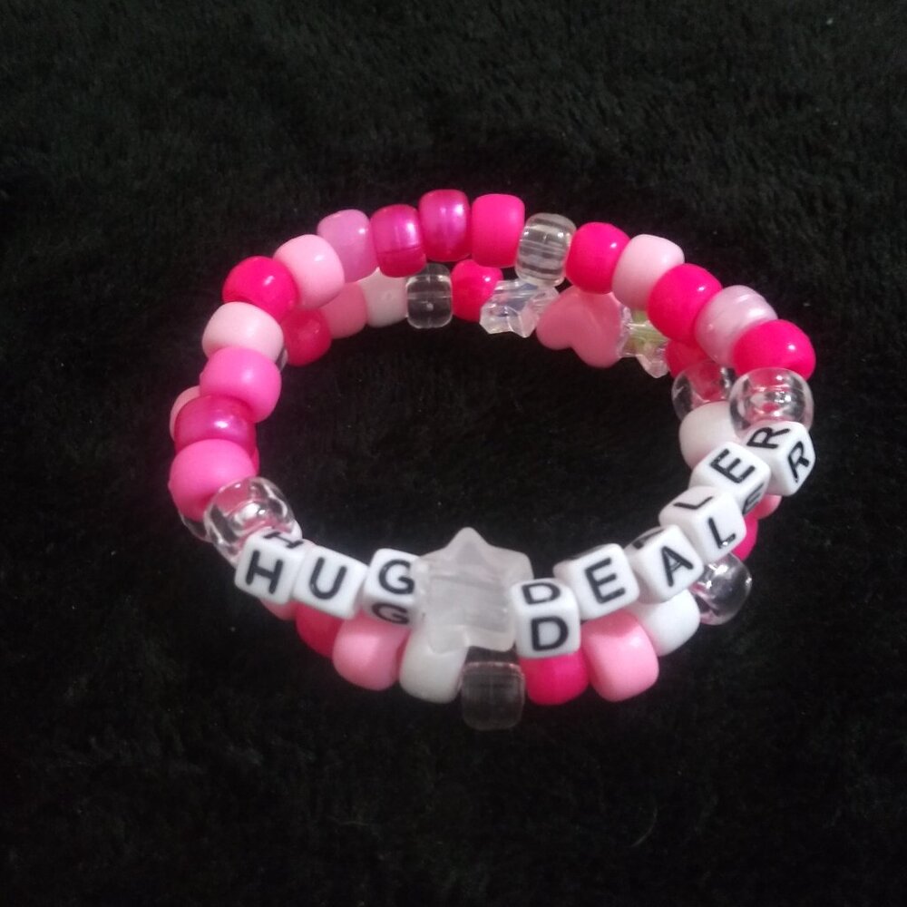 Hug Dealer Kandi Bracelet Set – Handmade Pink & White Beaded Rave Jewelry